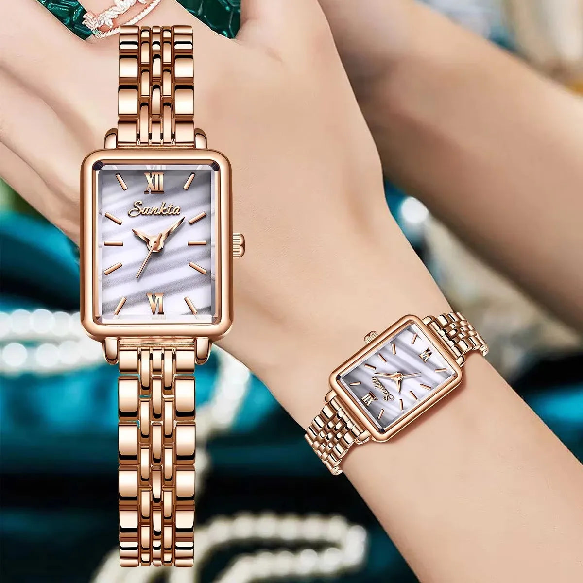 Women's Rose Gold Rectangular Stainless Steel Watch BandsCo Straps