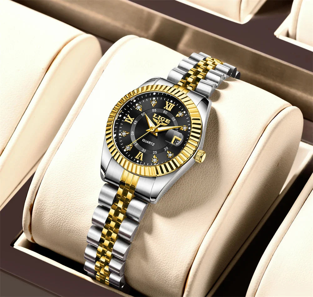 Women's Two Tone Stainless Steel Date Watch Elegant Quartz BandsCo Straps