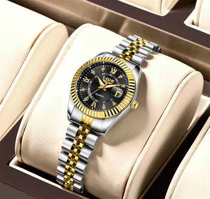 Women's Two Tone Stainless Steel Date Watch Elegant Quartz BandsCo Straps