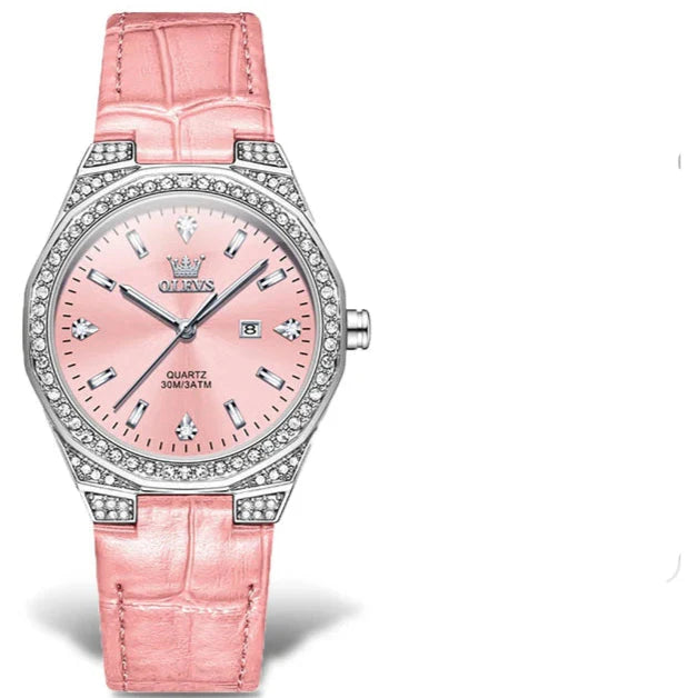Women's Crystal Bezel White Leather Strap Watch Quartz Date BandsCo Straps