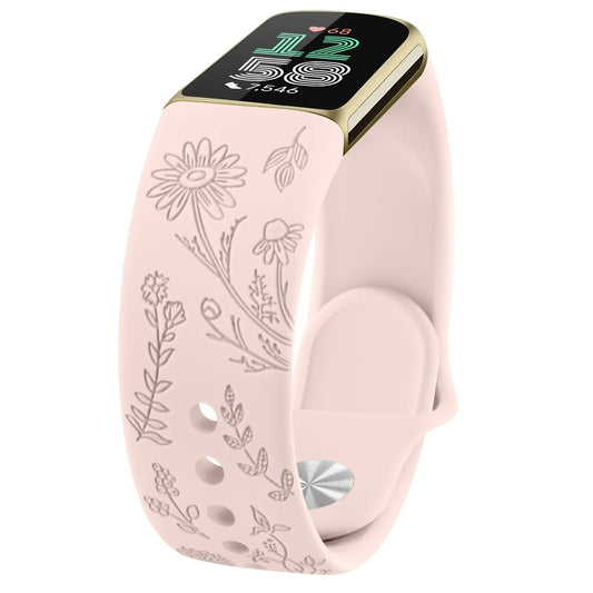Fitbit Charge 5 6 Silicone Flower Engraved Soft Strap BandsCo Straps