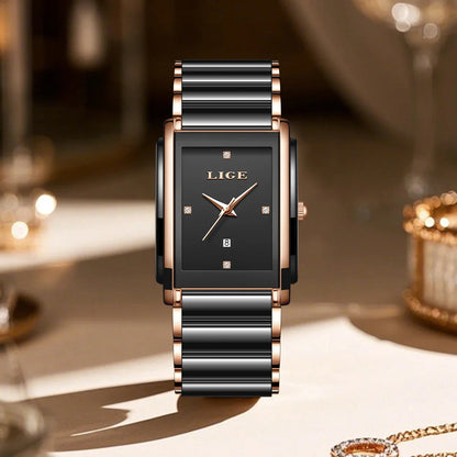 Women's Ceramic Square Bracelet Watch Rose Gold Quartz BandsCo Straps