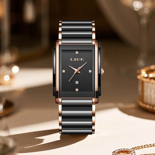 Women's Ceramic Square Bracelet Watch Rose Gold Quartz BandsCo Straps