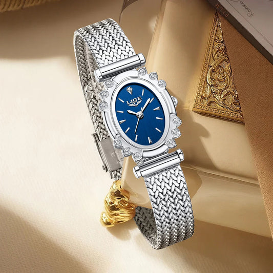 Women's Oval Quartz Watch Vintage Mesh Bracelet Blue Dial BandsCo Straps