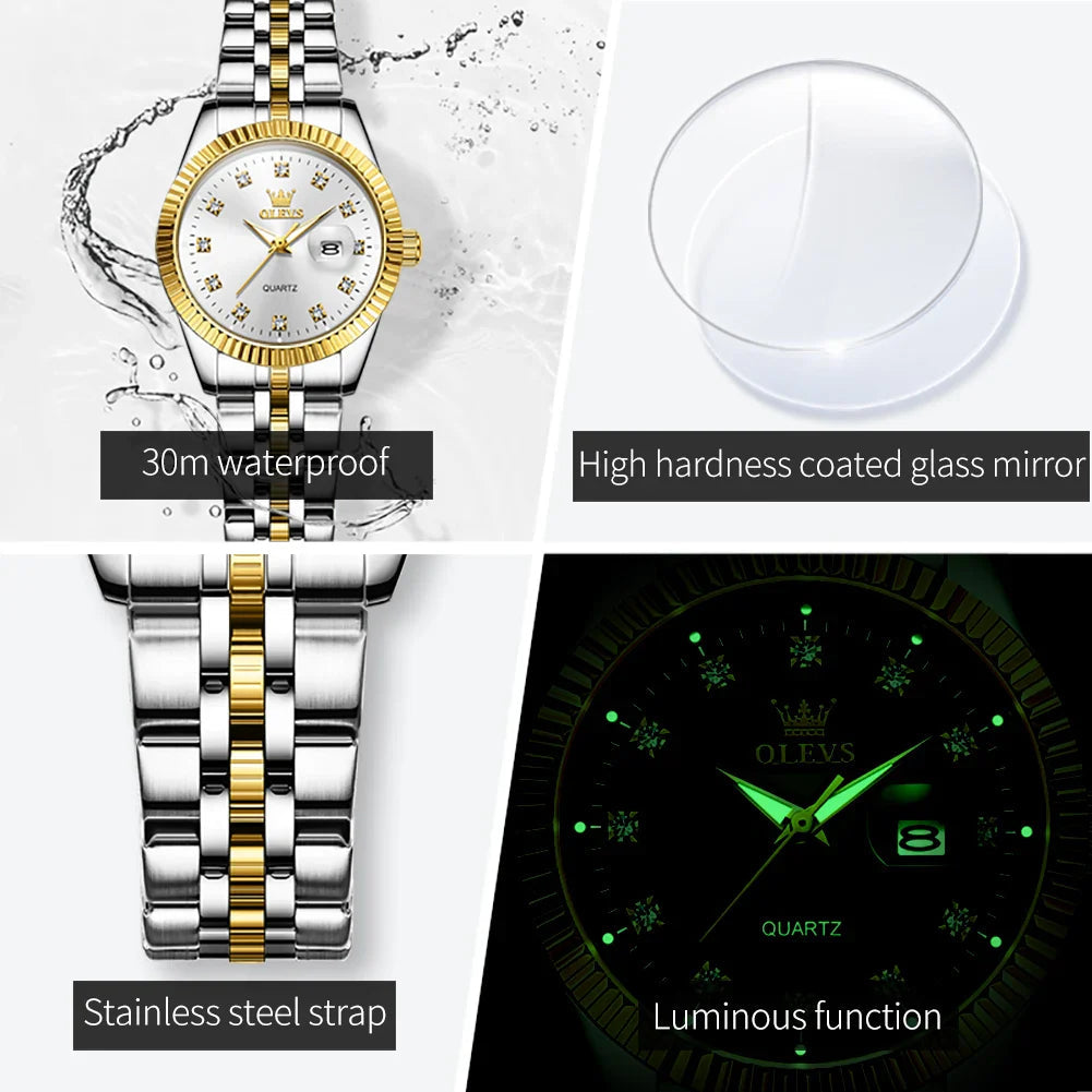 Women's Gold Stainless Steel Watch 33mm Luminous Date BandsCo Straps
