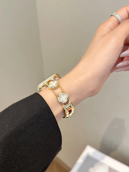 Lucky Clover Crystal Bracelet for Apple Watch - Silver & Black Enamel Chain Strap Wristwatchstraps.co