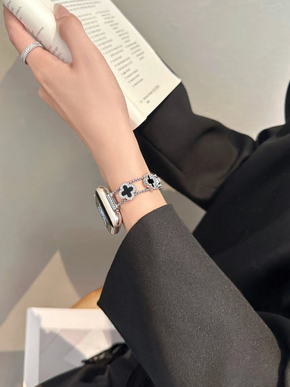 Lucky Clover Crystal Bracelet for Apple Watch - Silver & Black Enamel Chain Strap Wristwatchstraps.co