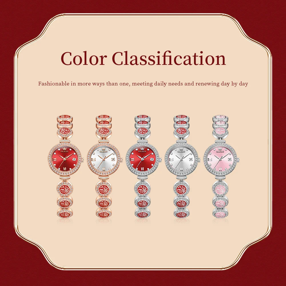 Women's Elegant Bracelet Quartz Watch Red Dial Waterproof BandsCo Straps