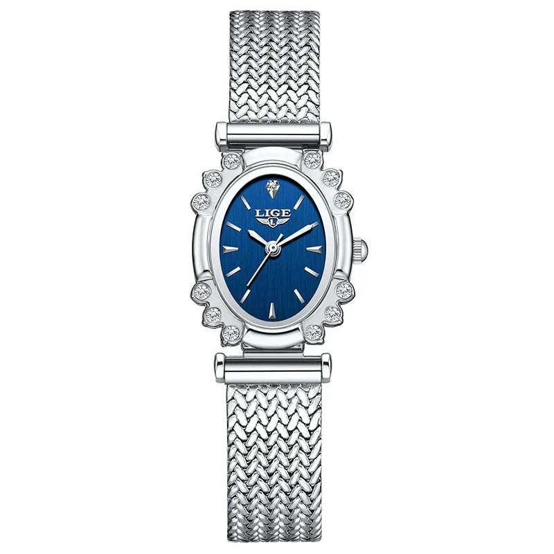 Women's Oval Quartz Watch Vintage Mesh Bracelet Blue Dial BandsCo Straps