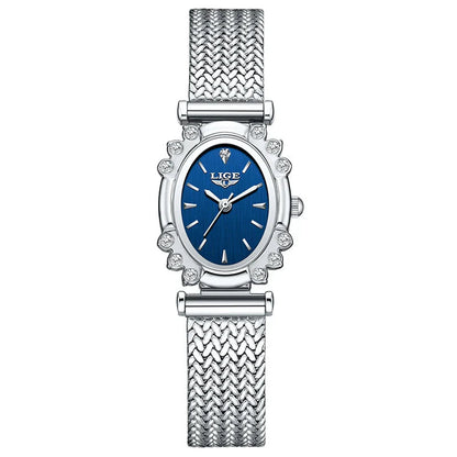 Women's Oval Quartz Watch Vintage Mesh Bracelet Blue Dial BandsCo Straps