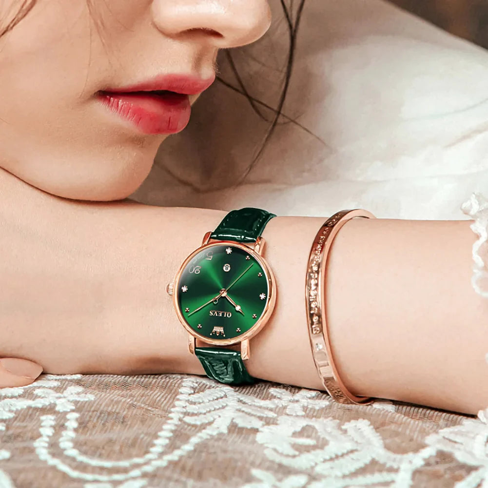 Women's Green Dial Slim Leather Strap Watch Gift BandsCo Straps
