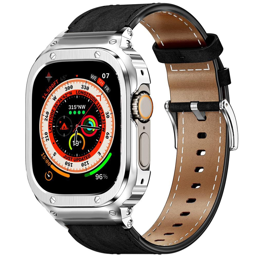 Stainless Steel Metal Case+Genuine Leather Strap For Apple Watch - Wristwatchstraps.co