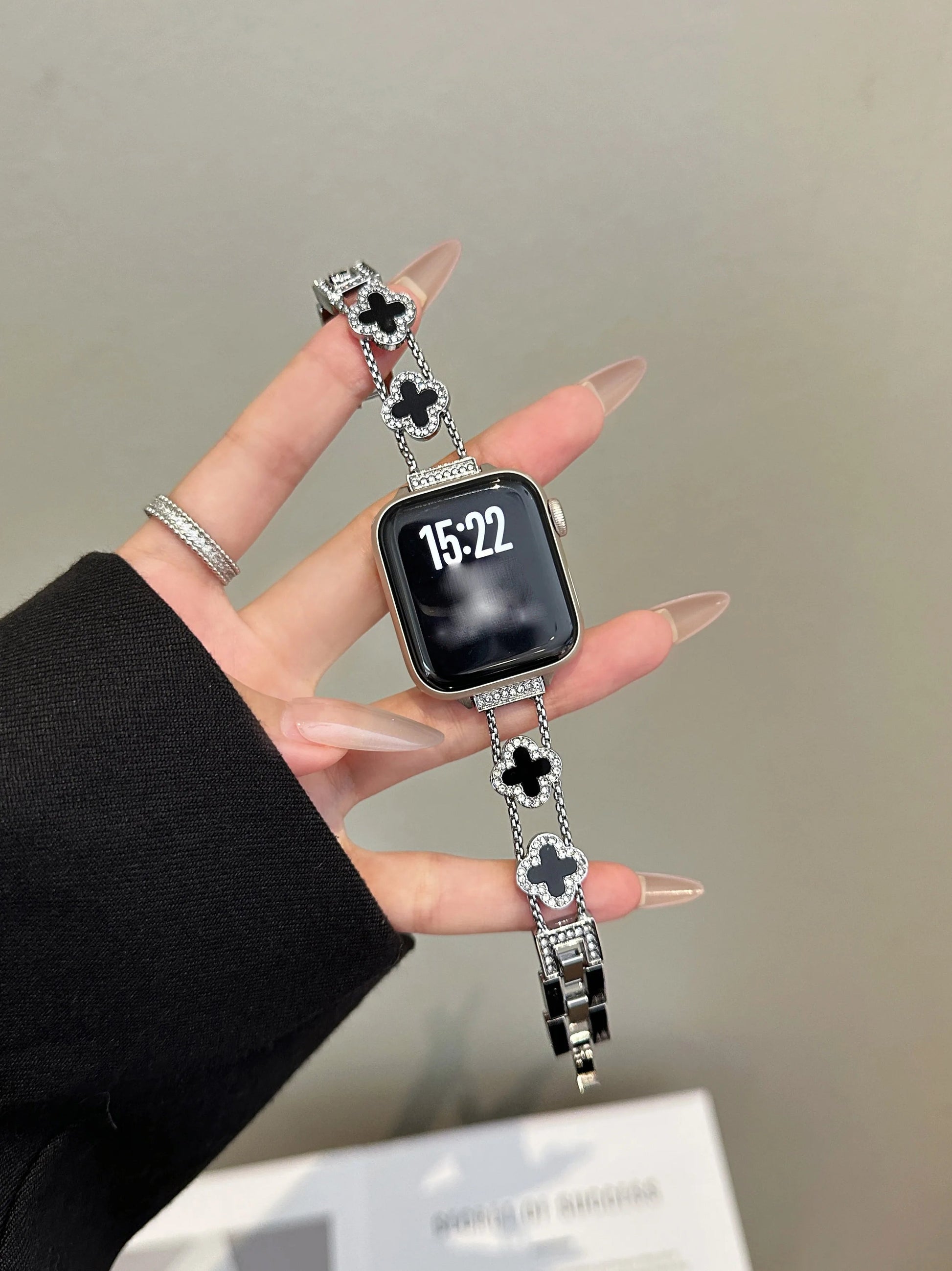 Lucky Clover Crystal Bracelet for Apple Watch - Silver & Black Enamel Chain Strap Wristwatchstraps.co