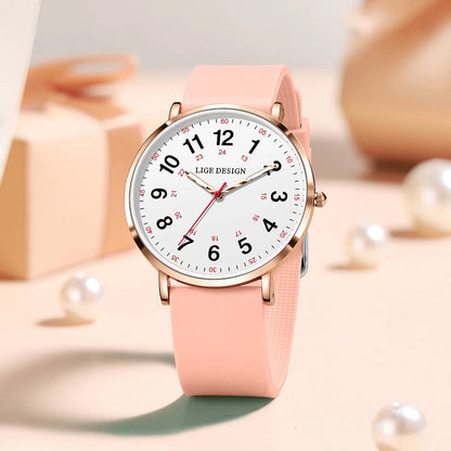 Women's Pink Silicone Watch Large Dial Rose Gold Minimal BandsCo Straps