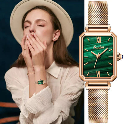 Women's Rectangular Green Dial Mesh Band Quartz Watch BandsCo Straps