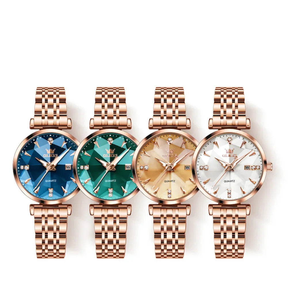 Women's Rose Gold Stainless Steel Watch Blue Dial Zircon BandsCo Straps
