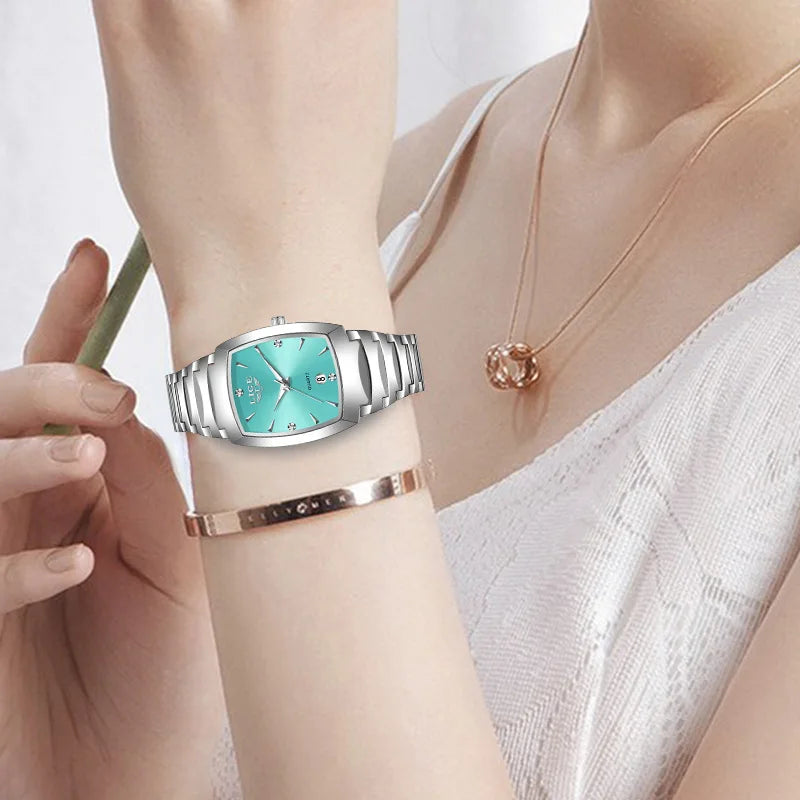 Women's Turquoise Dial Stainless Steel Rectangular Watch BandsCo Straps