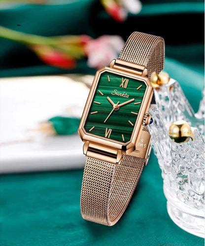 Women's Rectangular Green Dial Mesh Band Quartz Watch BandsCo Straps