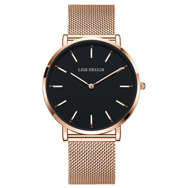 Women's Pink Dial Mesh Band Slim Stainless Steel Watch BandsCo Straps
