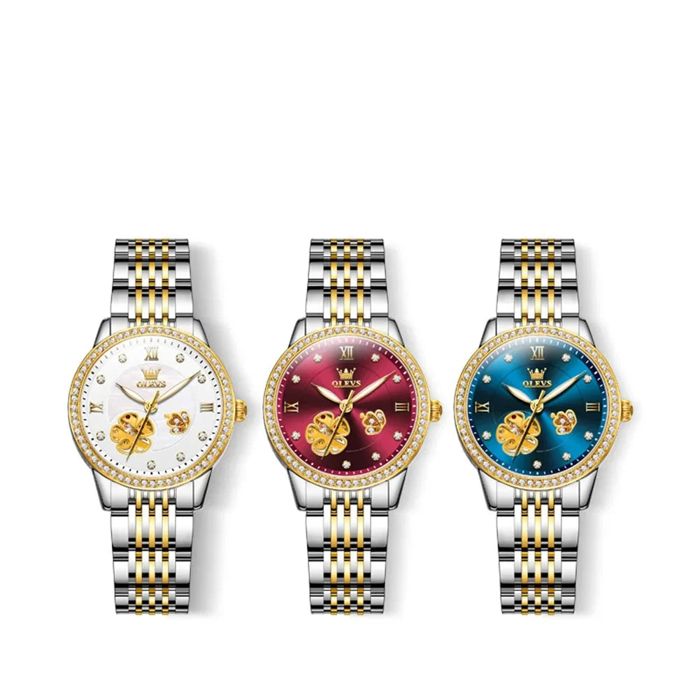 Women's Automatic Flower Skeleton Watch Jubilee Bracelet BandsCo Straps