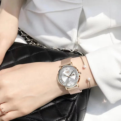 Women's Rose Gold Mesh Watch Silver Dial Slim Waterproof BandsCo Straps