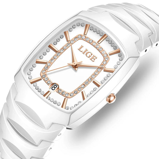 Women's White Ceramic Crystal Bracelet Watch Quartz Gift BandsCo Straps
