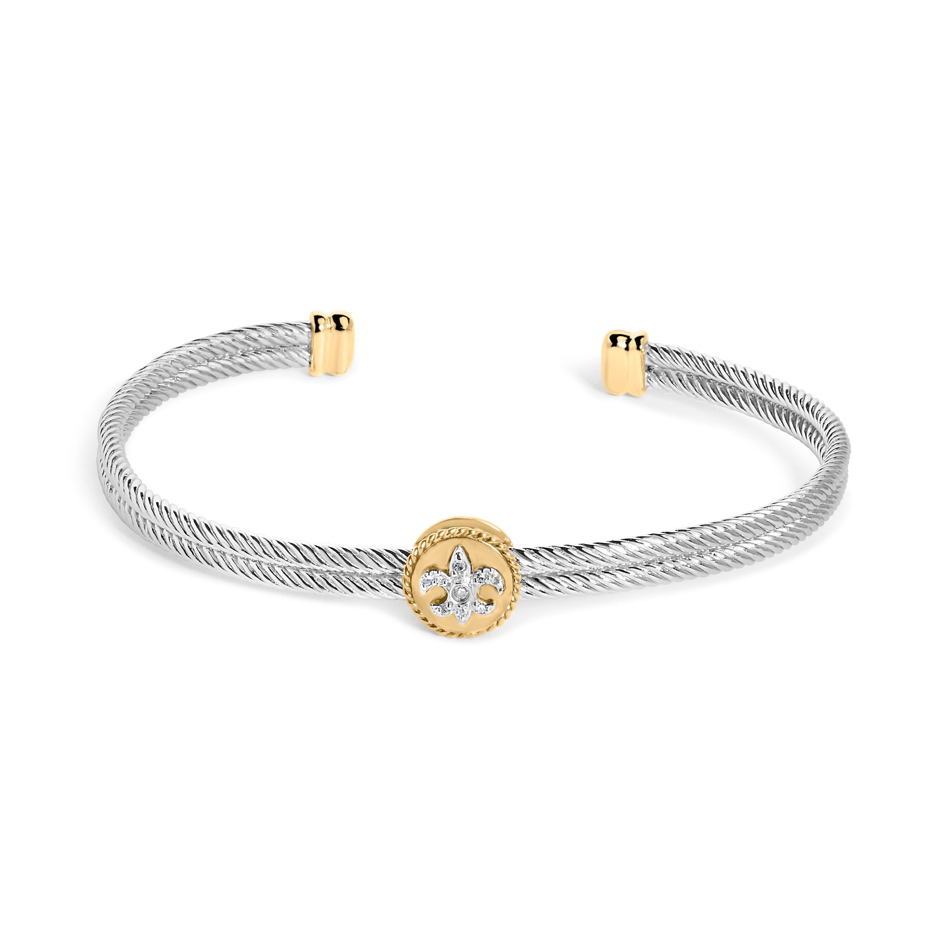 18K Yellow Gold Plated .925 Sterling Silver Diamond Accent  and Fleur Di Lis Medallion Bangle Bracelet (I-J Color, SI1-SI2 Clarity) - 7.25 Inches Bids.com