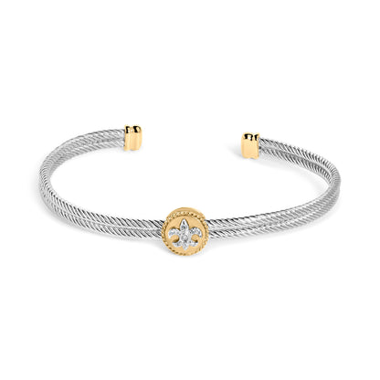 18K Yellow Gold Plated .925 Sterling Silver Diamond Accent  and Fleur Di Lis Medallion Bangle Bracelet (I-J Color, SI1-SI2 Clarity) - 7.25 Inches Bids.com