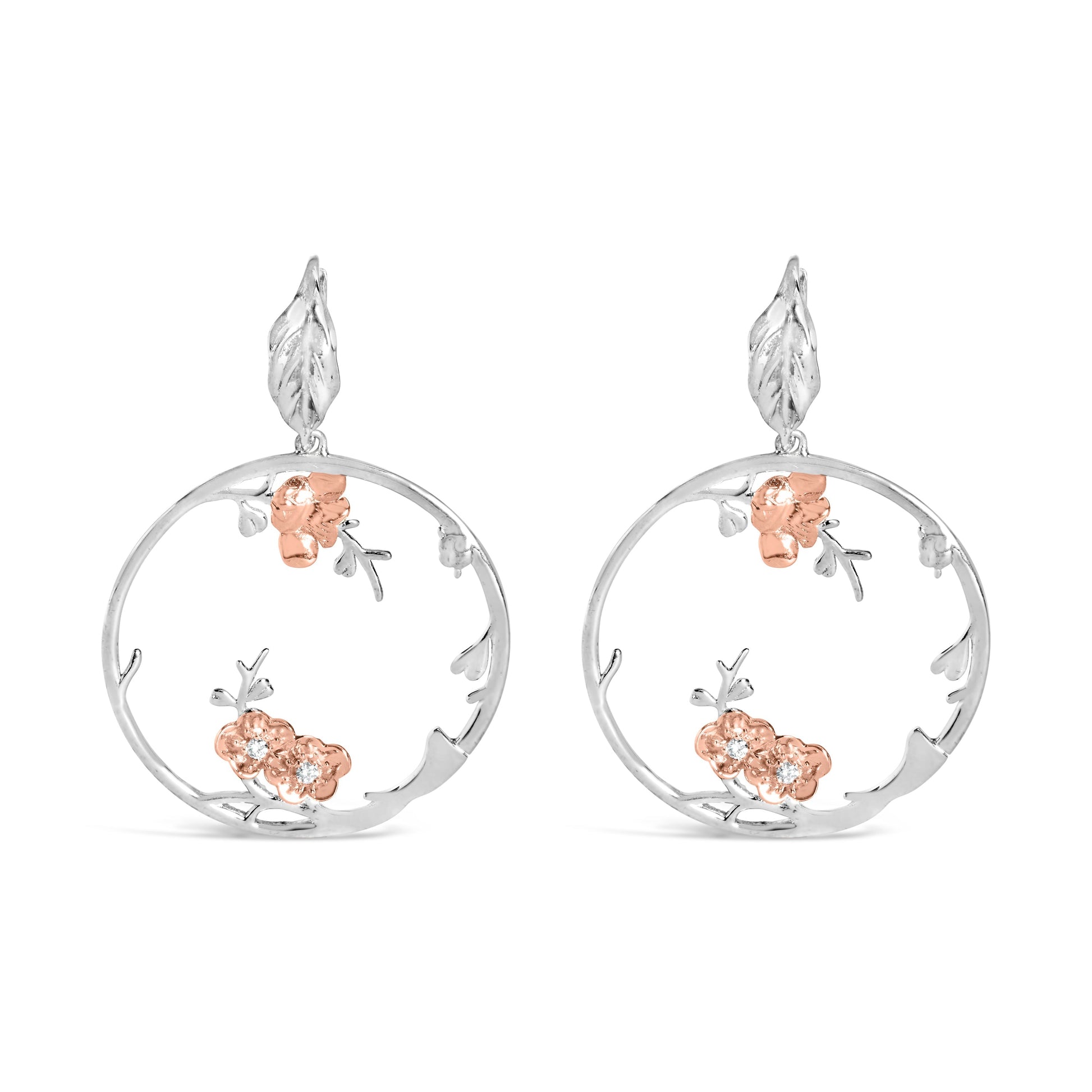 Rose Gold Plated .925 Sterling Silver 1/10 Cttw Diamond Floral Hoop Earrings (I-J Color, SI1-SI2 Clarity) Bids.com