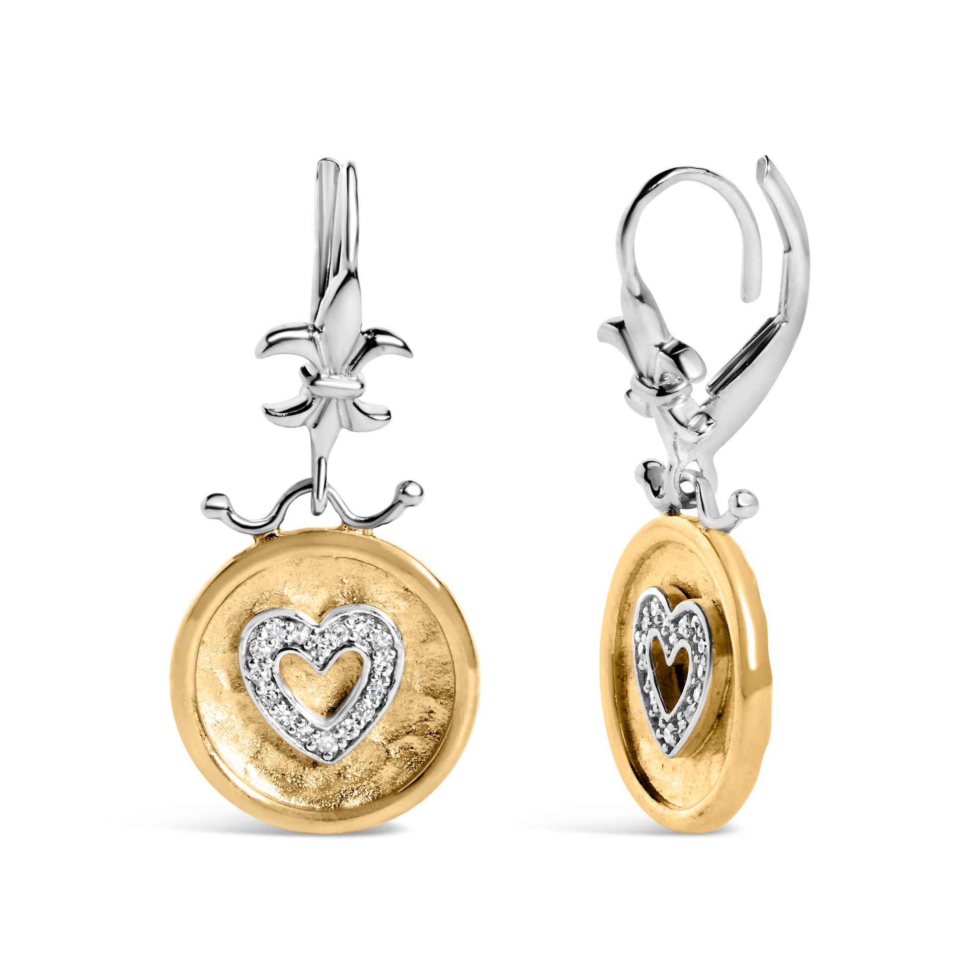 18K Yellow Gold Plated .925 Sterling Silver 1/8 Cttw Diamond Hammered Finished Medallion Heart Drop and Dangle Earrings (I-J Color, SI1-SI2 Clarity) Bids.com