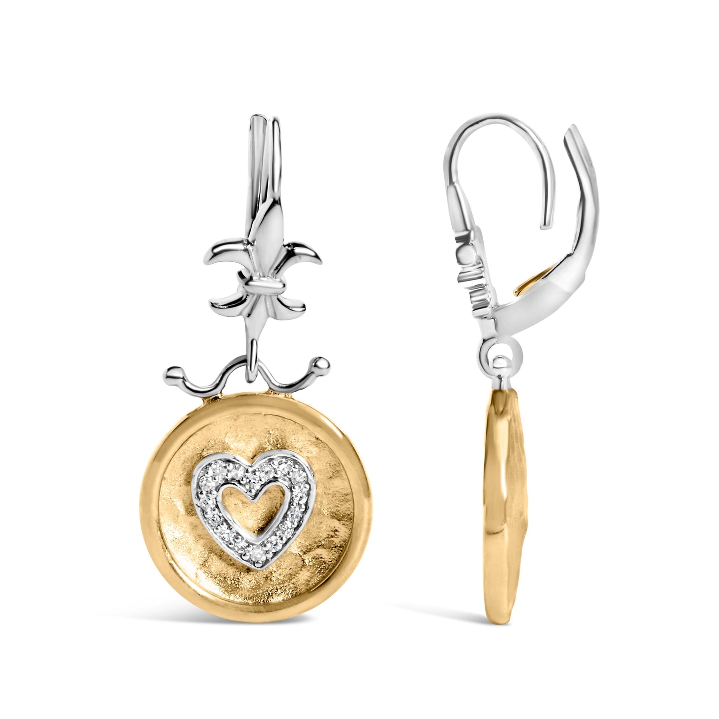 18K Yellow Gold Plated .925 Sterling Silver 1/8 Cttw Diamond Hammered Finished Medallion Heart Drop and Dangle Earrings (I-J Color, SI1-SI2 Clarity) Bids.com