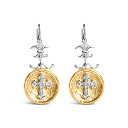 18K Yellow Gold Plated .925 Sterling Silver 1/8 Cttw Diamond Hammered Finished Medallion with Cross Drop and Dangle Earrings (I-J Color, SI1-SI2 Clarity) Bids.com