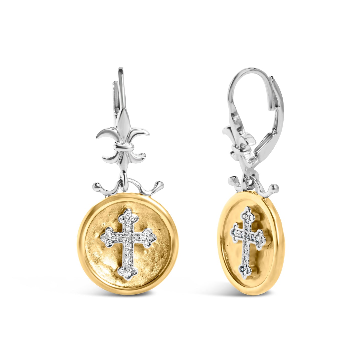 18K Yellow Gold Plated .925 Sterling Silver 1/8 Cttw Diamond Hammered Finished Medallion with Cross Drop and Dangle Earrings (I-J Color, SI1-SI2 Clarity) Bids.com