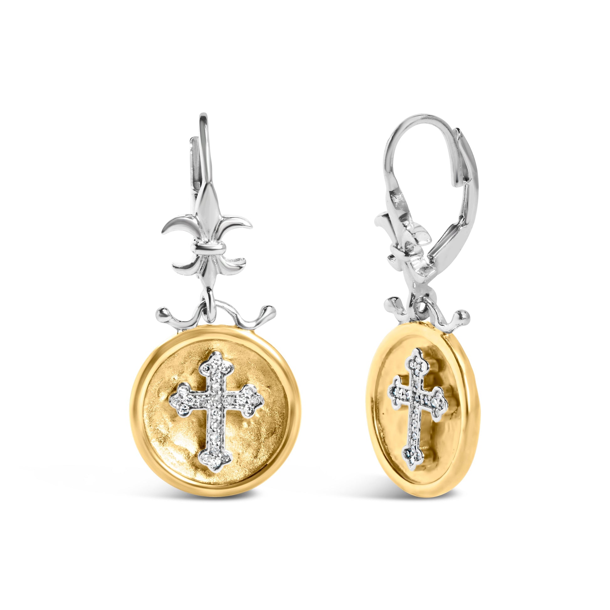 18K Yellow Gold Plated .925 Sterling Silver 1/8 Cttw Diamond Hammered Finished Medallion with Cross Drop and Dangle Earrings (I-J Color, SI1-SI2 Clarity) Bids.com