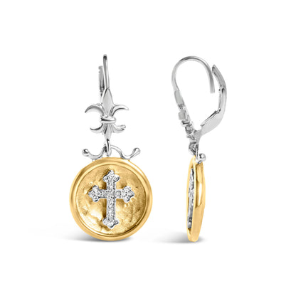 18K Yellow Gold Plated .925 Sterling Silver 1/8 Cttw Diamond Hammered Finished Medallion with Cross Drop and Dangle Earrings (I-J Color, SI1-SI2 Clarity) Bids.com