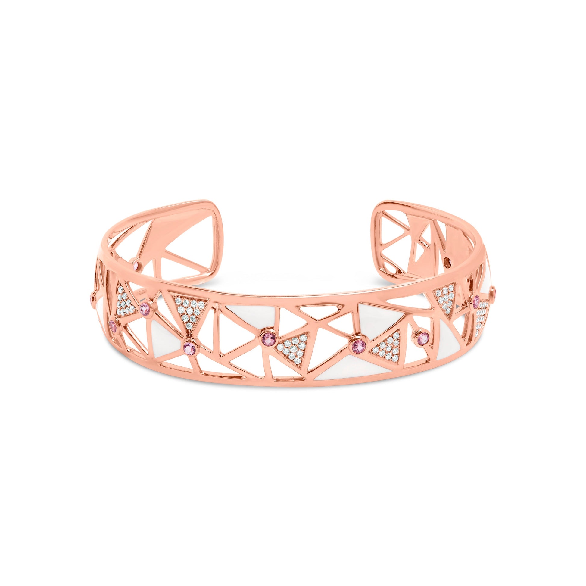 14K Rose Gold 5/8 Cttw Diamond with Pink Tourmaline Open Cuff Bangle with White Enamel (G-H Color, SI1-SI2 Clarity) - 7" Bids.com