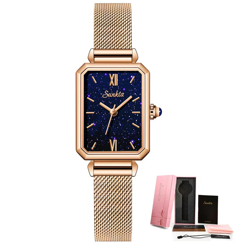 Women's Rectangular Green Dial Mesh Band Quartz Watch BandsCo Straps