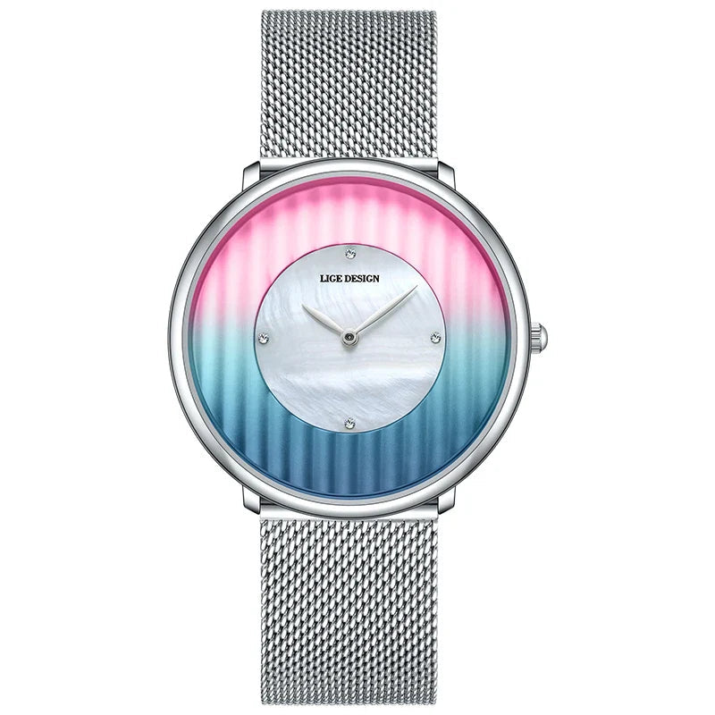 Women's Slim Mesh Band Watch Pink Blue Gradient Quartz BandsCo Straps