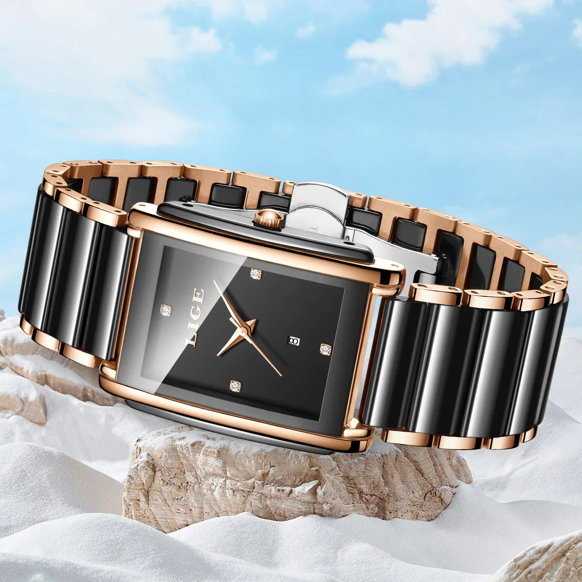 Women's Ceramic Square Bracelet Watch Rose Gold Quartz BandsCo Straps