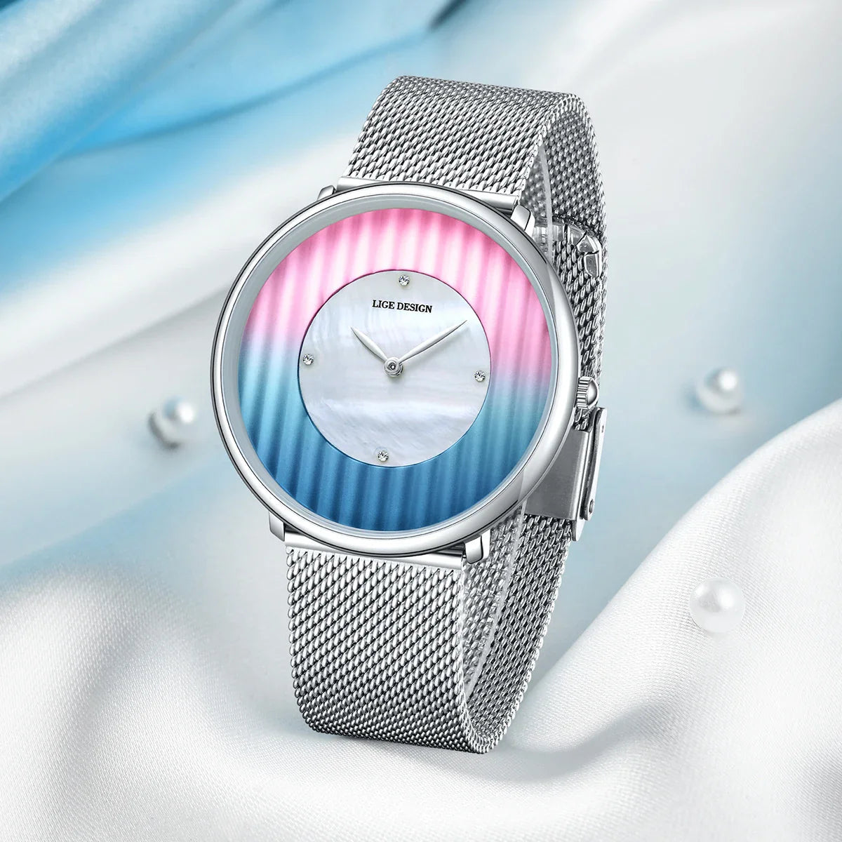 Women's Slim Mesh Band Watch Pink Blue Gradient Quartz BandsCo Straps