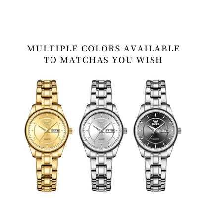 Women's Stainless Steel Watch Black Dial Dual Calendar BandsCo Straps