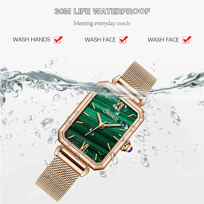 Women's Rectangular Green Dial Mesh Band Quartz Watch BandsCo Straps