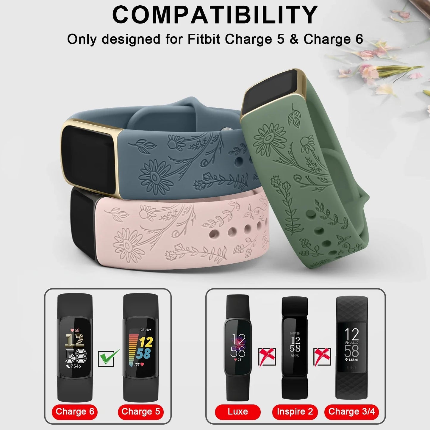 Fitbit Charge 5 6 Silicone Flower Engraved Soft Strap BandsCo Straps