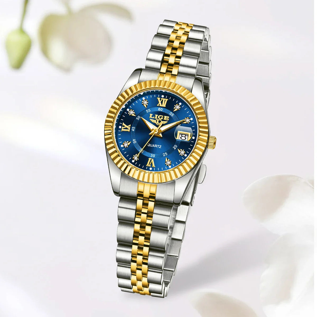 Women's Two Tone Stainless Steel Date Watch Elegant Quartz BandsCo Straps