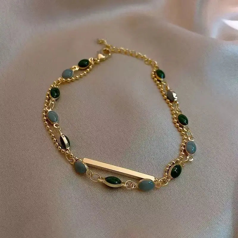 Women's Green Jade Beaded Bracelet with Gold Leaf Charm | Fashion Chain & Link Bracelet wws