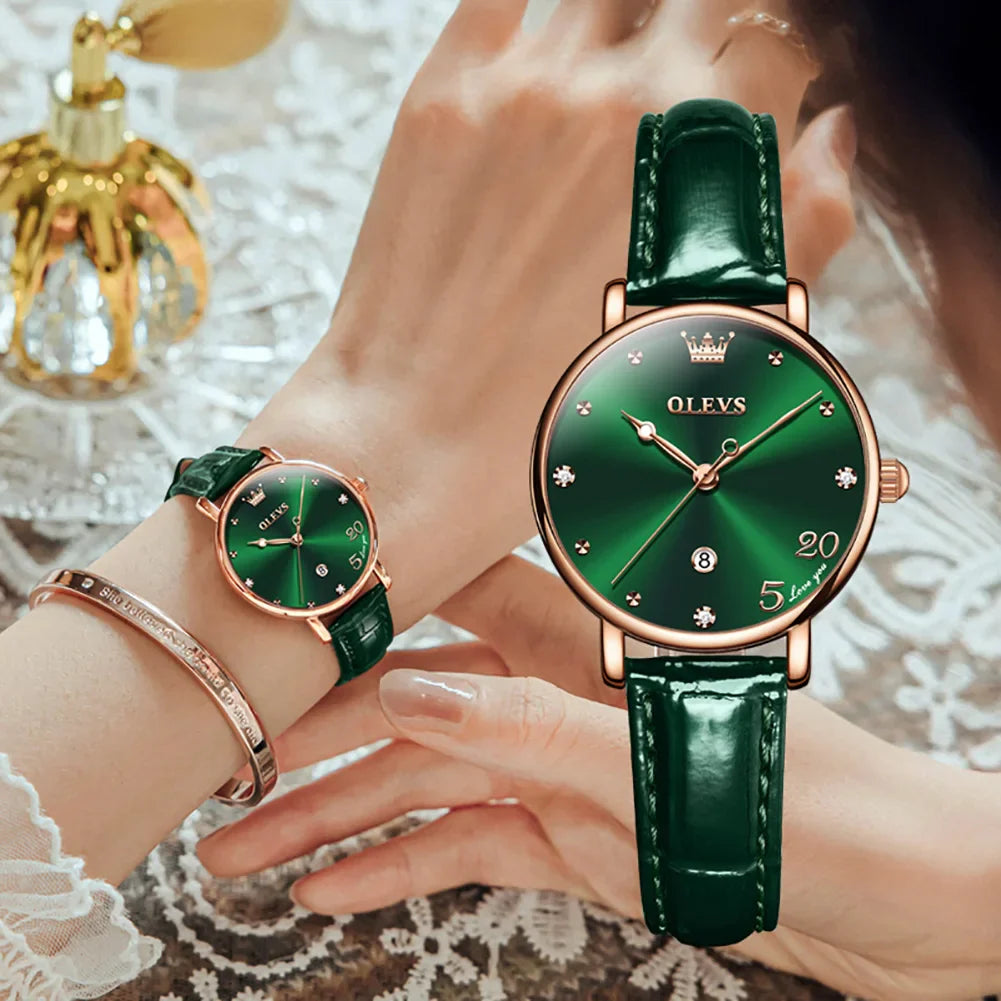Women's Green Dial Slim Leather Strap Watch Gift BandsCo Straps