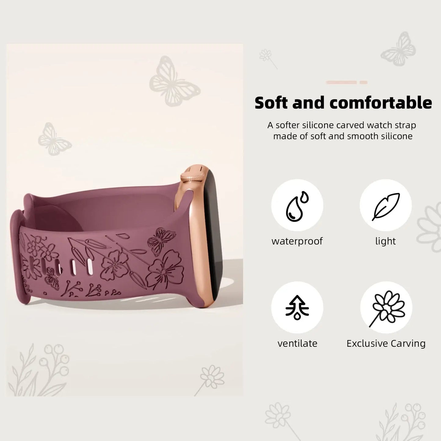Apple Watch Silicone Strap - Floral Engraved, Soft and Waterproof BandsCo Straps