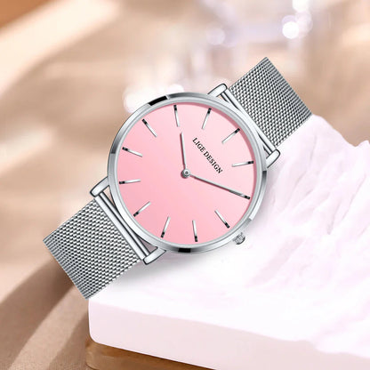 Women's Pink Dial Mesh Band Slim Stainless Steel Watch BandsCo Straps