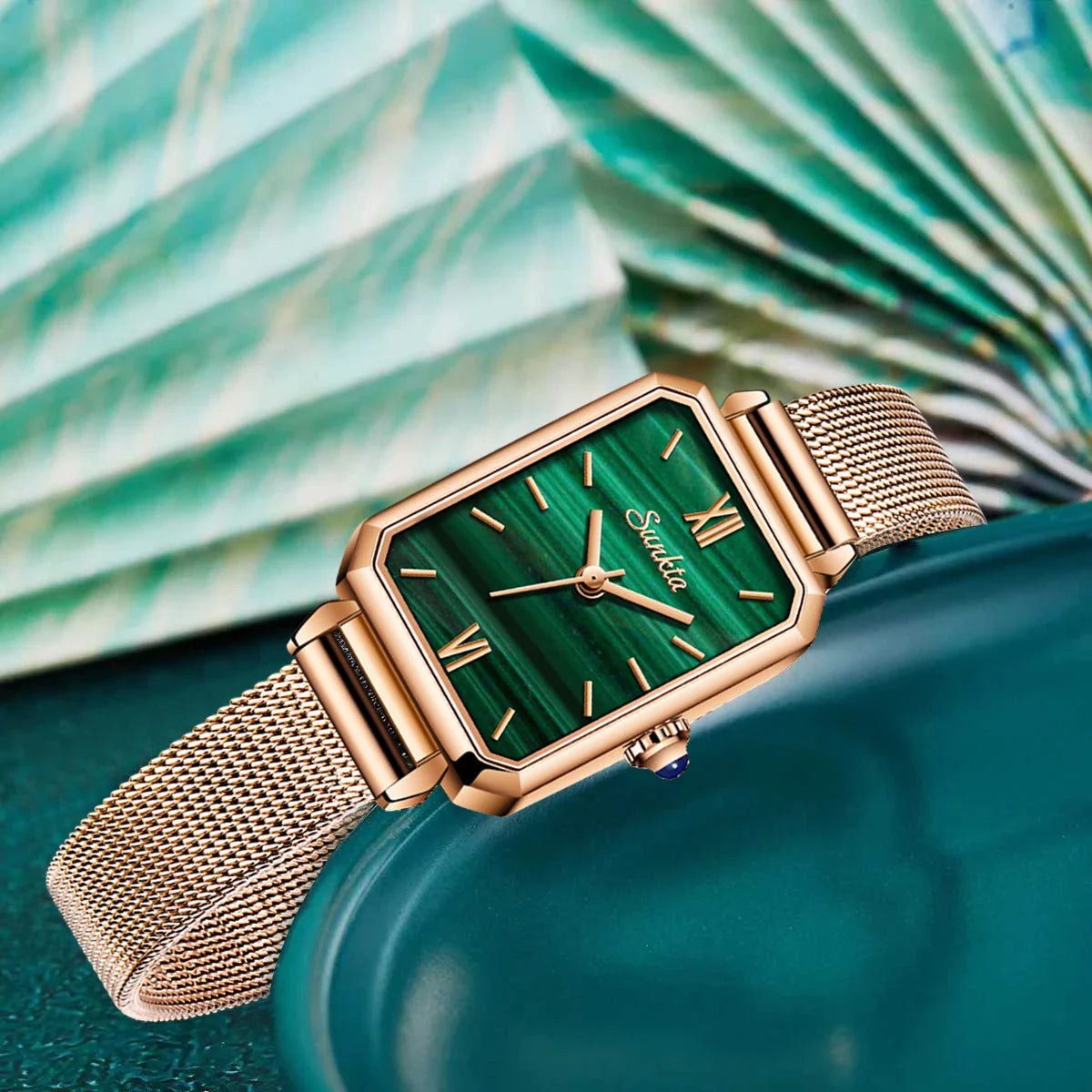 Women's Rectangular Green Dial Mesh Band Quartz Watch BandsCo Straps