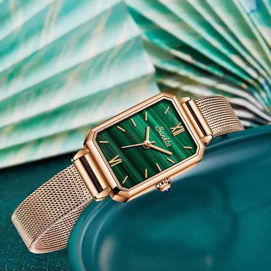 Women's Rectangular Green Dial Mesh Band Quartz Watch BandsCo Straps